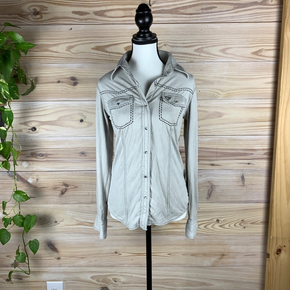 Cowgirl Hardware Western Snap Shirt‎ Women S Tan Faux Suede Rhinestone Rodeo Top